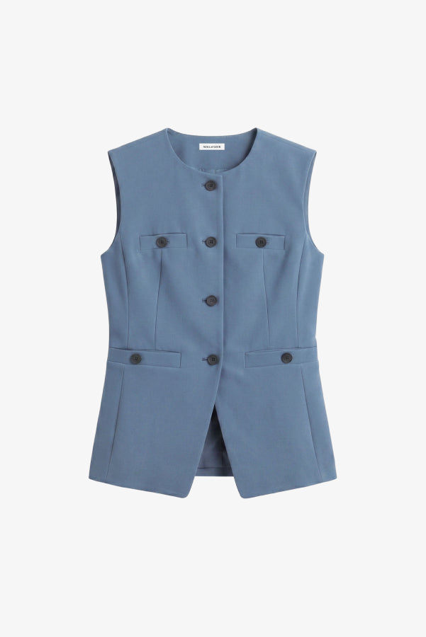 A sleeveless dusty blue vest with a round neckline, front button closure, and four front flap pockets, shown on a plain light gray background. | Exclude | Still