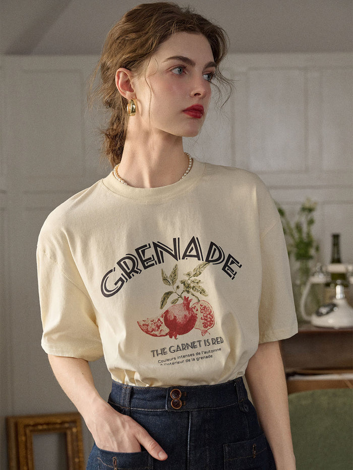 Amirah Classic Crew Neck Pomegranate Print Cotton T-shirt