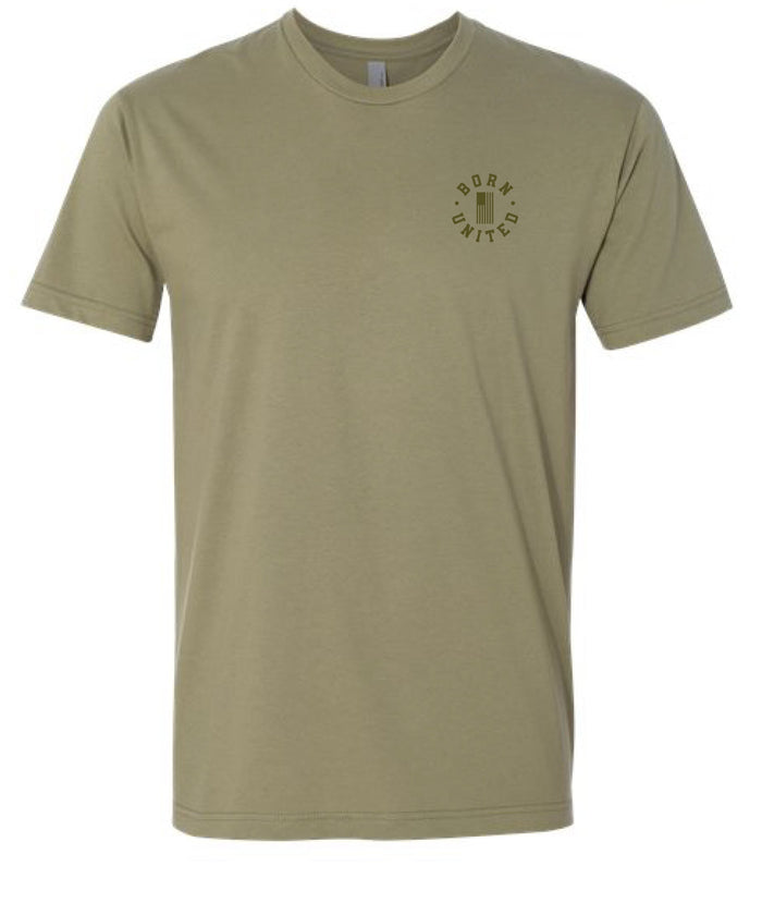 The Born United Private Label BU Basic Olive Tee is a light olive green cotton t-shirt with a small circular BORK UNITED logo and three vertical bars on the left chest, made from pre-shrunk fabric for lasting comfort.