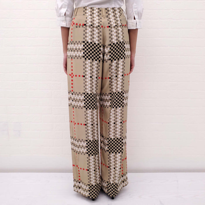 BURBERRY KHAKI SILK SQUARE PATTERNED TROUSERS - SIZE 4