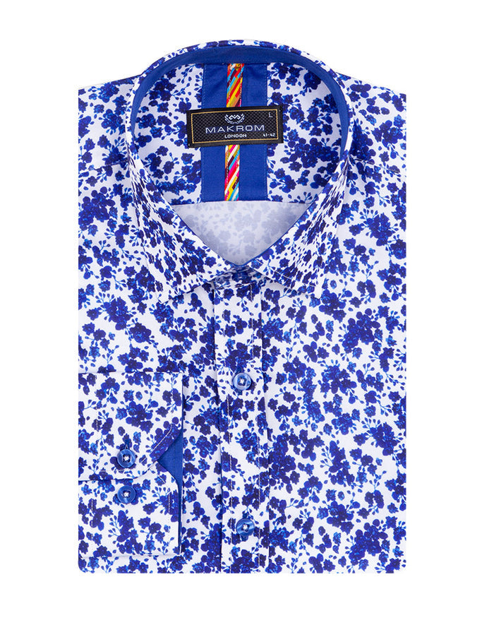 Dark Blue Floral Design Print Men's Shirt-Makrom