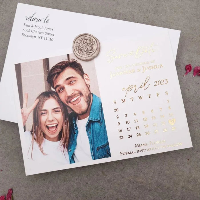 Gold Foiled Save the Date Card with Photo and Calendar - XOXOKristen