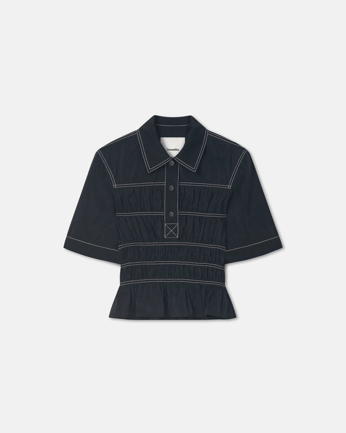 Nairi - Smocked Glass Poplin Shirt - Black