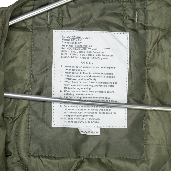 Olive Drab M65 Field Jacket Liner - 3XLarge - Army & Outdoors - Jacket Liner