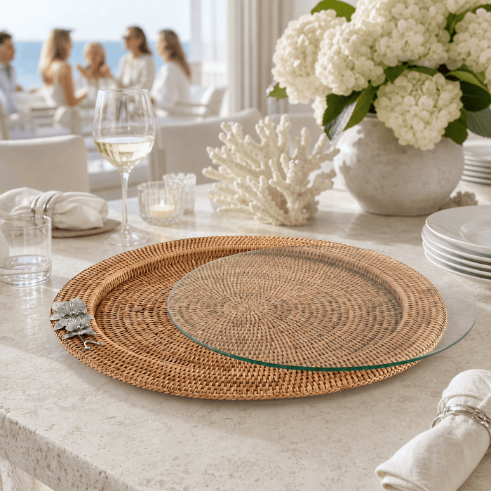 Orchid Round Serving Tray Hand Woven Wicker Rattan - Glass Insert 8