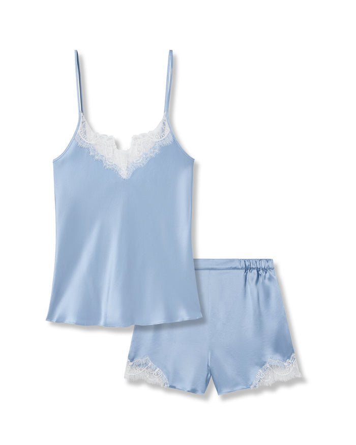 Light blue satin camisole and shorts set with lace trim on a white background | Grid | Exclude