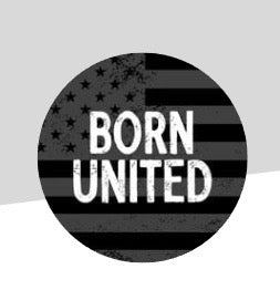 Show your pride with the Stickers brand "1 Sticker for $6"—a black and gray circular U.S. flag design featuring the bold white text BORN UNITED across the center, perfect for decorating your laptop, water bottle, or notebook.