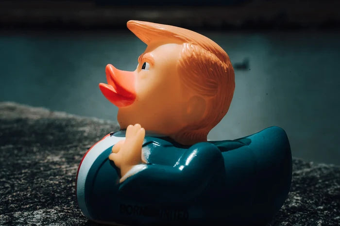 The #47 rubber duck by Born United Private Label, styled with distinctive hair, sports a blue suit and red tie on a concrete surface by the water. The blurred backdrop of the pond enhances this #IYKYK trend for insiders.