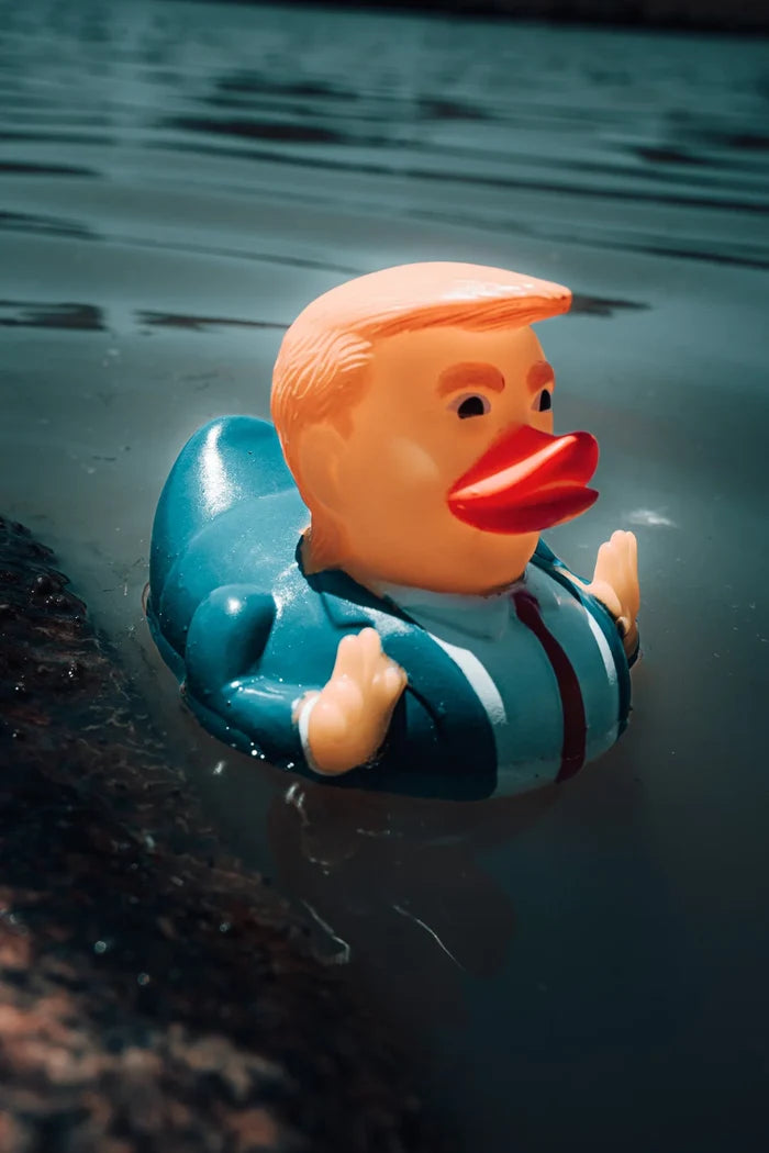 The #47 rubber duck by Born United Private Label floats confidently with its suit and unique hairstyle resembling a public figure, an orange beak, and trendsetting flair in murky waters. If you know, you know—#IYKYK.