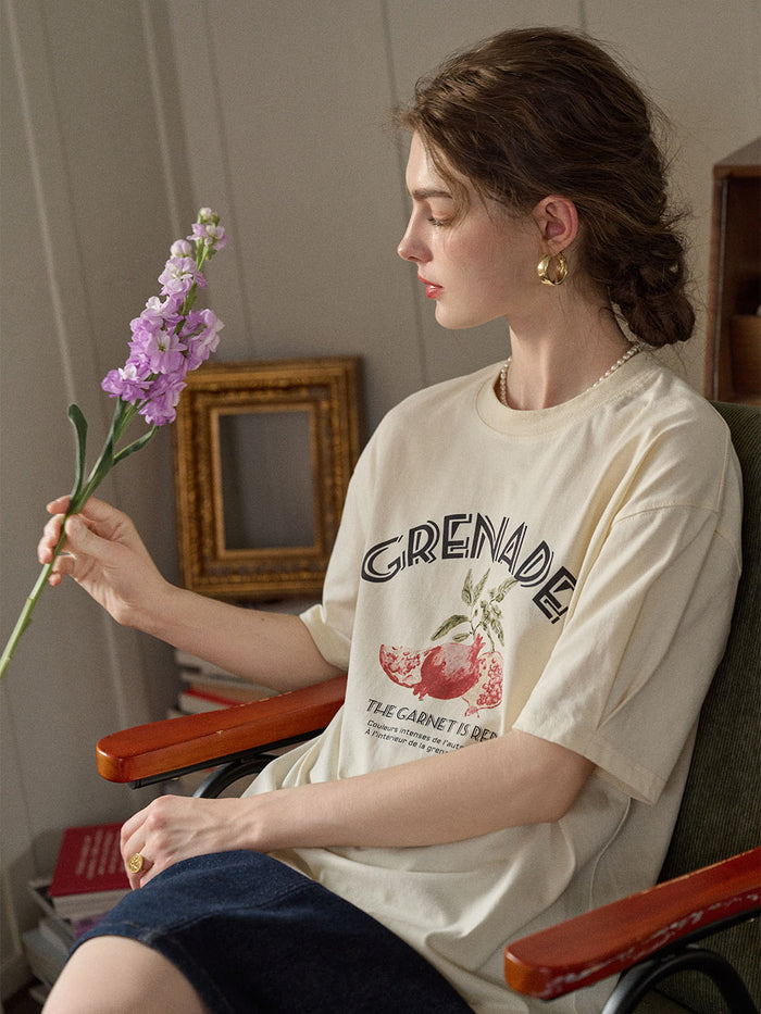 Amirah Classic Crew Neck Pomegranate Print Cotton T-shirt