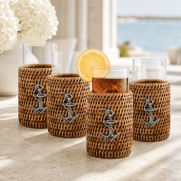 Anchor Drinking Glass Covered with Hand Woven Wicker Rattan - Set of 4 2