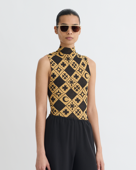 Annyka - Printed Mesh Jersey Top - Symbol Tile Oak