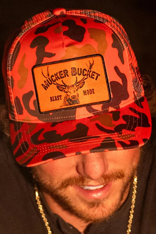 mucker bucket - "beast mode" orange camo trucker hat front