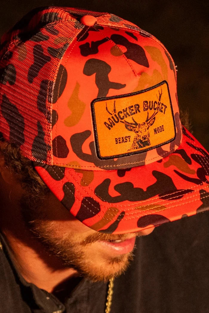 mucker bucket - "beast mode" orange camo trucker hat side