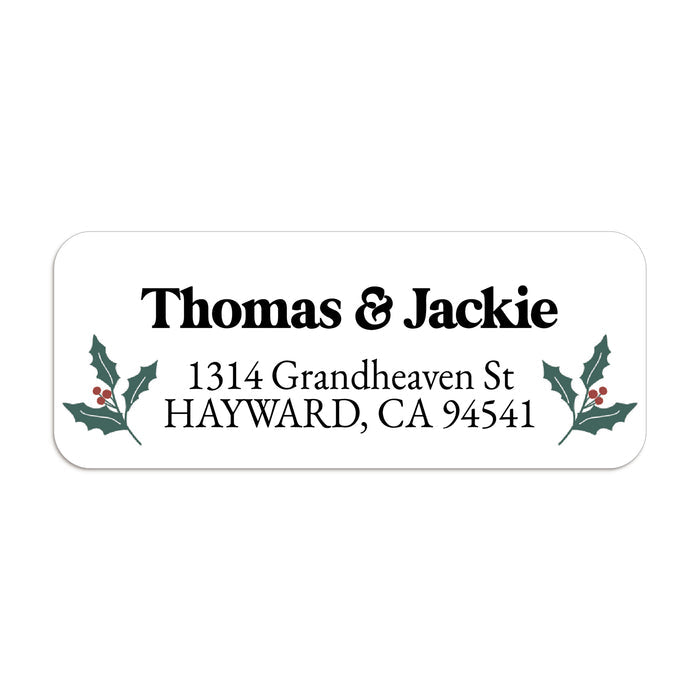 Sheet of personalized holiday return address stickers with holly and berry designs, perfect for Christmas cards and seasonal correspondence - XOXOKristen