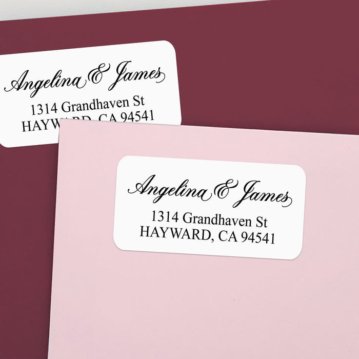 XOXOKristen custom script address labels featuring elegant calligraphy names and serif address details on white stickers with rounded corners – XOXOKristen