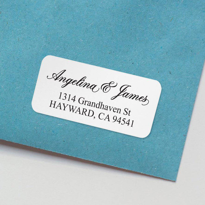 XOXOKristen personalized return address labels with romantic black calligraphy font on white background, applied to burgundy envelope – XOXOKristen