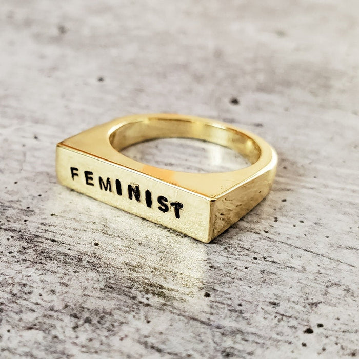 Feminist Ring: Gold Plated or Sterling Silver Flat Top Band Salt and Sparkle
