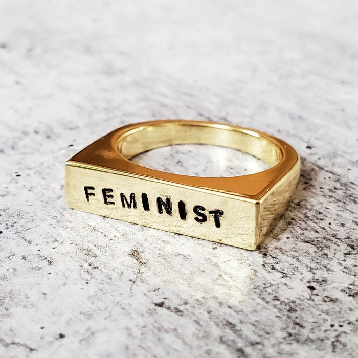 Feminist Ring: Gold Plated or Sterling Silver Flat Top Band Salt and Sparkle