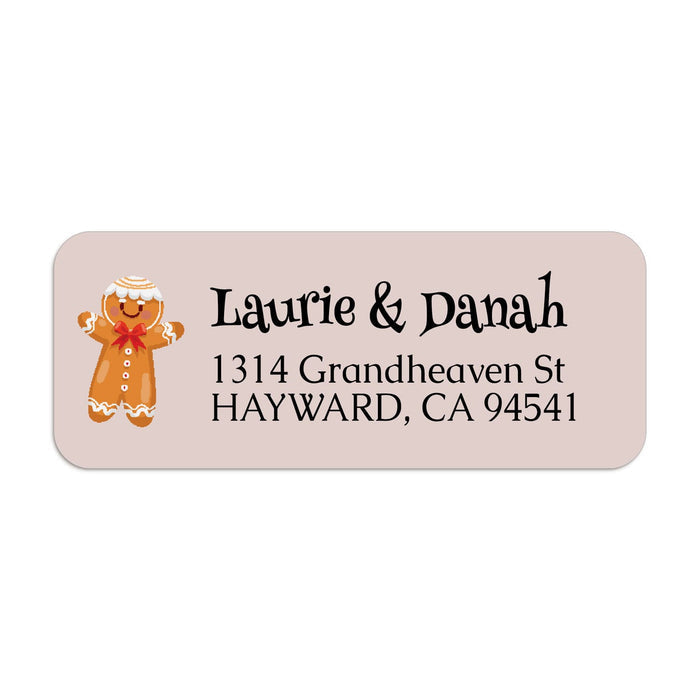 Sheet of personalized Christmas-themed return address stickers with gingerbread man graphic and bold black text for seasonal mailing - XOXOKristen