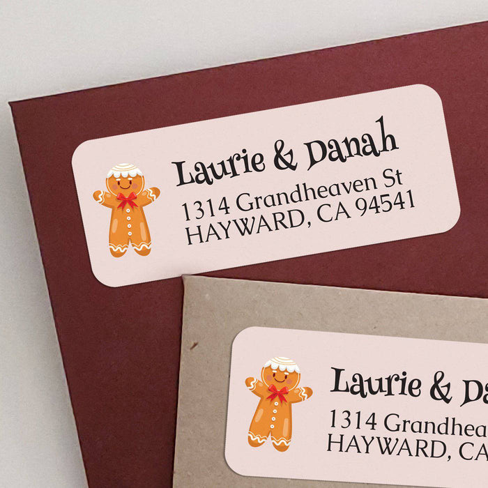 Personalized rectangular return address label with beige background, featuring a festive gingerbread man illustration and bold black typography - XOXOKristen