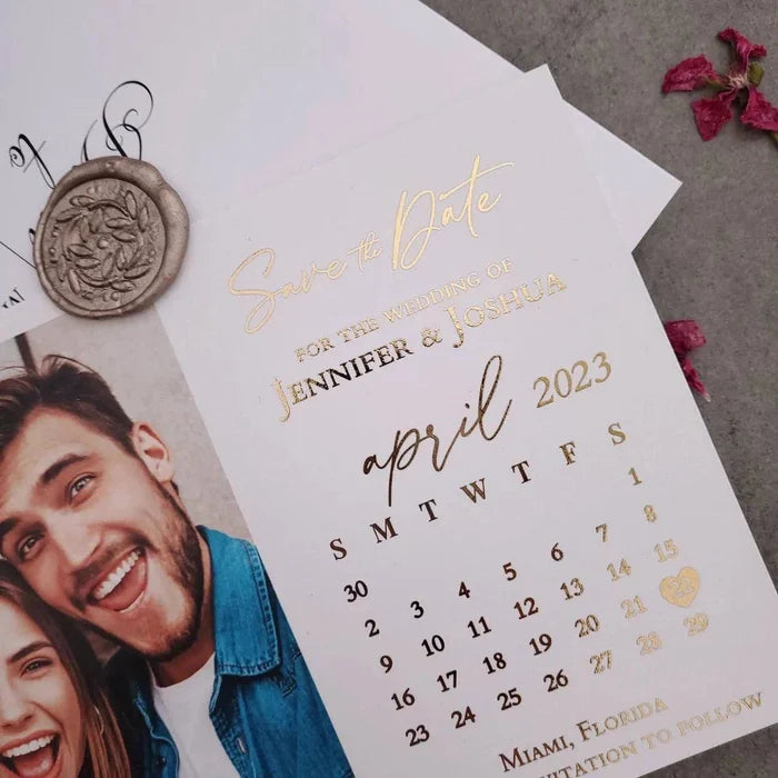 Gold Foiled Save the Date Card with Photo and Calendar - XOXOKristen