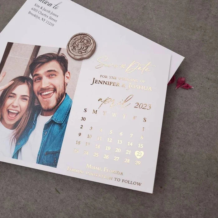 Gold Foiled Save the Date Card with Photo and Calendar - XOXOKristen