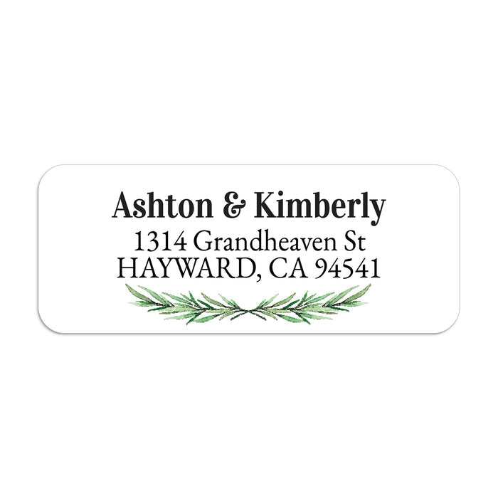 Close-up of return address label featuring realistic pine branch greenery and bold black text on a crisp white background - XOXOKristen