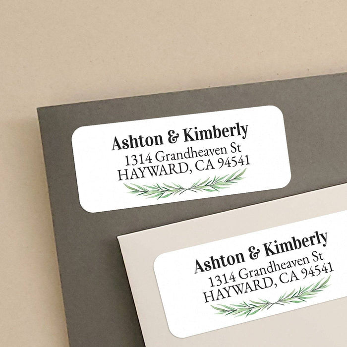 Personalized rectangular return address label with white background, elegant pine branch illustration, and bold black typography - XOXOKristen