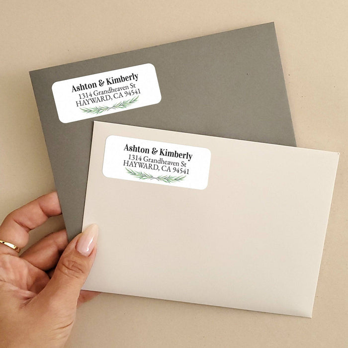 Personalized rectangular return address label with white background, elegant pine branch illustration, and bold black typography - XOXOKristen