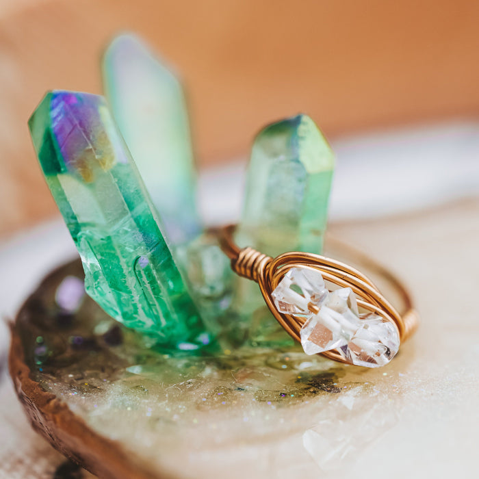 Herkimer Diamond Trio Ring – Hand Wrapped Quartz Crystal Ring Salt and Sparkle