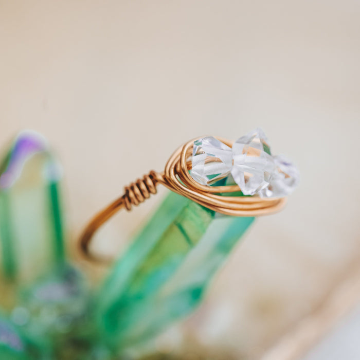 Herkimer Diamond Trio Ring – Hand Wrapped Quartz Crystal Ring Salt and Sparkle