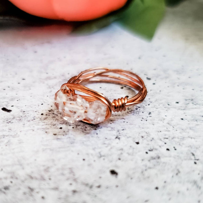 Herkimer Diamond Trio Ring – Hand Wrapped Quartz Crystal Ring Salt and Sparkle