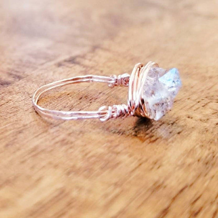 Herkimer Diamond Trio Ring – Hand Wrapped Quartz Crystal Ring Salt and Sparkle