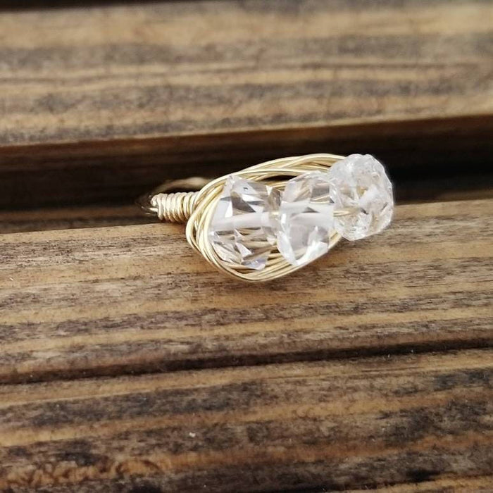 Herkimer Diamond Trio Ring – Hand Wrapped Quartz Crystal Ring Salt and Sparkle