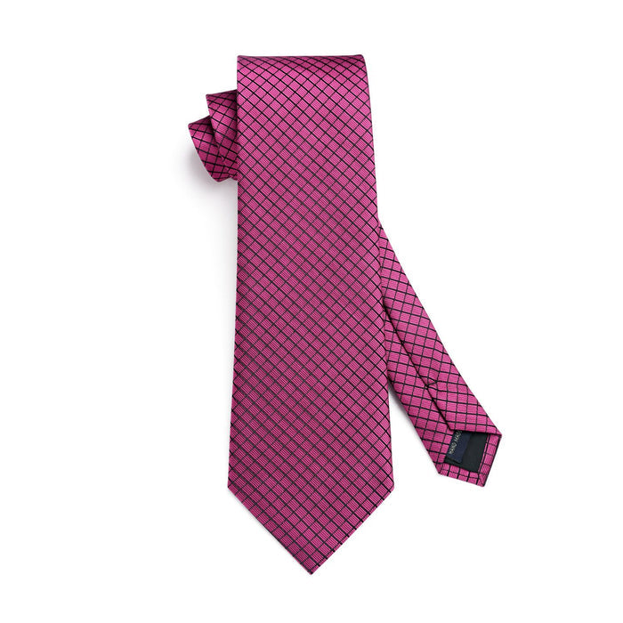 Men's Plaid Tie Handkerchief Set - C2- HOT PINK