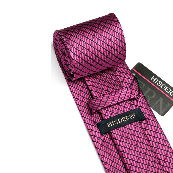 Men's Plaid Tie Handkerchief Set - C2- HOT PINK