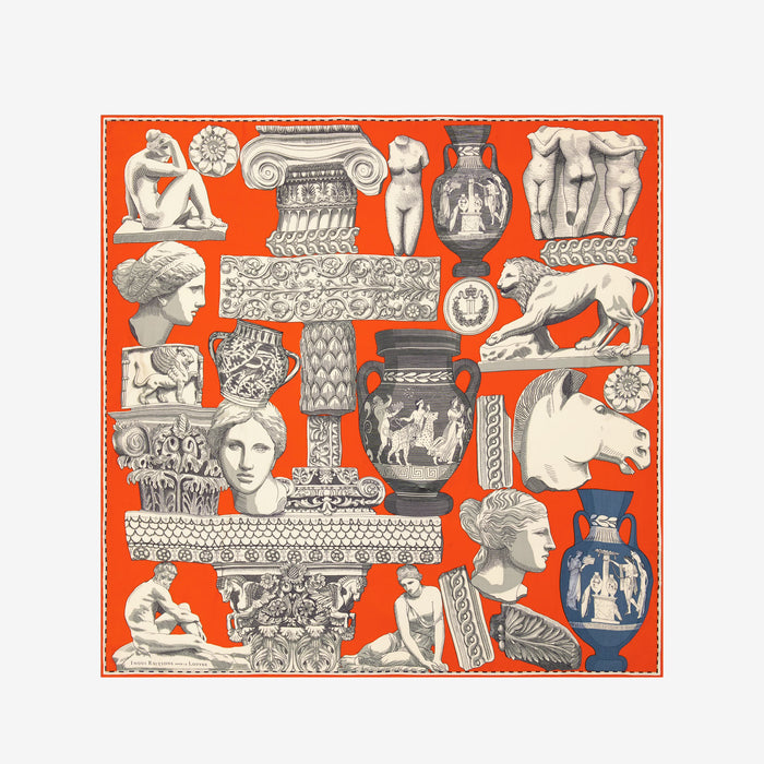 Collection of classical sculptures and architectural elements on a red background | Lead