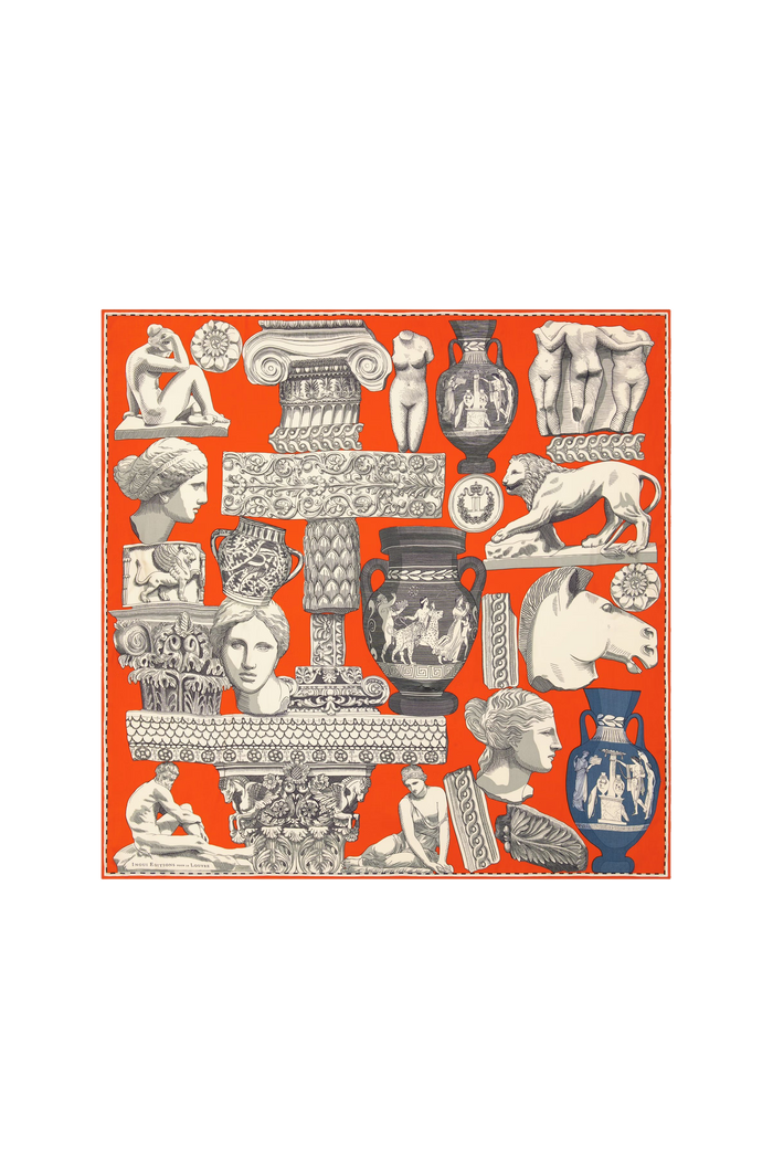 Decorative design with classical sculptures and vases on a red background | Grid | Exclude