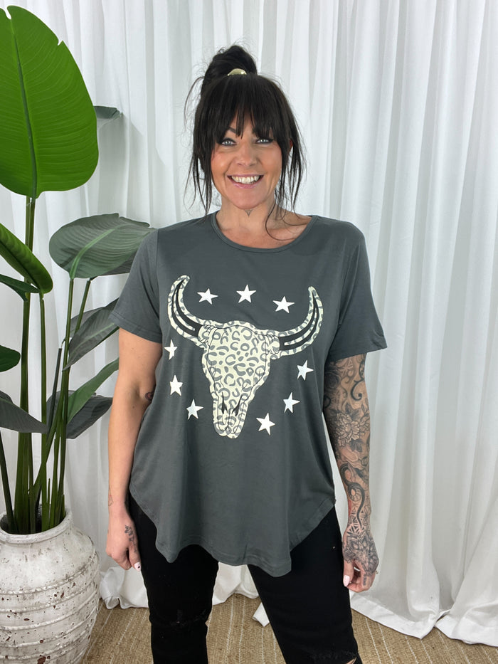 Jordy Leopard Steer Tee- Steel