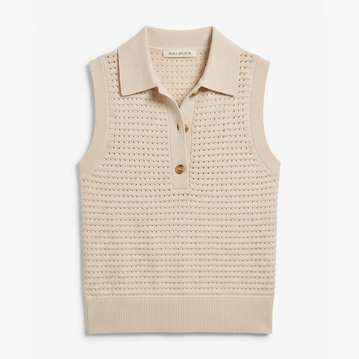 Beige knitted vest with a collar on a white background