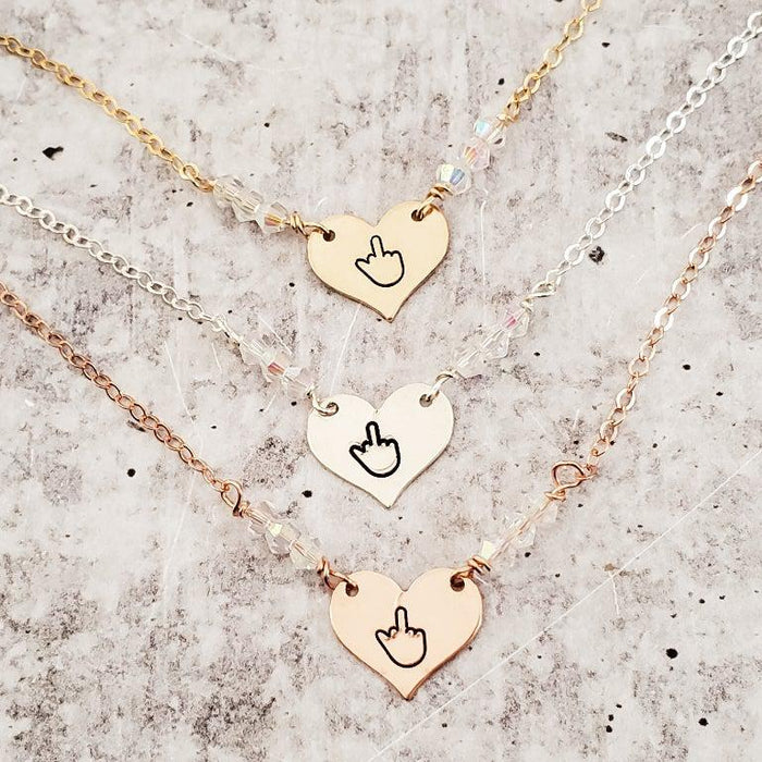 Middle Finger Heart Necklace with Crystal Accents Salt and Sparkle