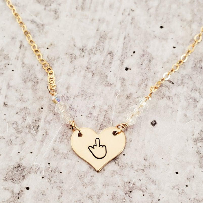 Middle Finger Heart Necklace with Crystal Accents Salt and Sparkle