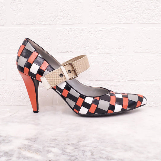 MIU MIU BLACK, ORANGE AND CREAM SQUARE PATTERNED HEELS - SIZE 40