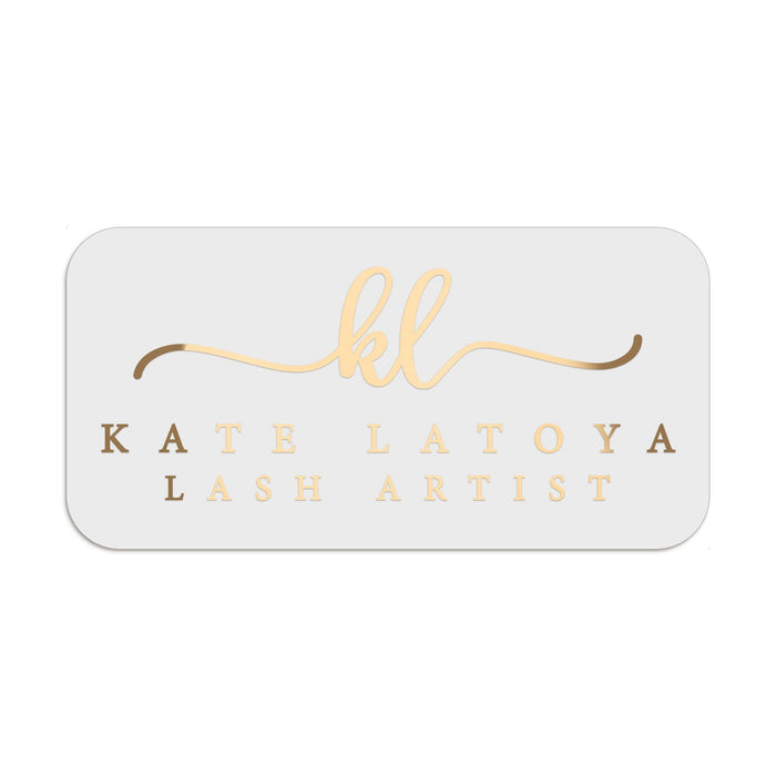 Custom personalized clear glossy rectangulat business branding sticker with curly monograms and serif info text in gold foil print - XOXOKristen