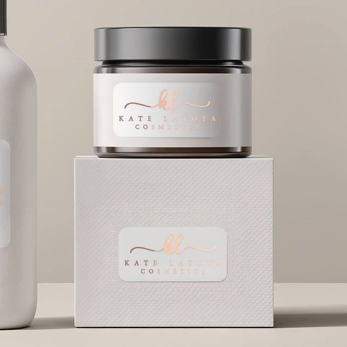 Cosmetic jar and packaging box with rose gold foil rectangular branding stickers, showing luxury personalized branding – XOXOKristen.