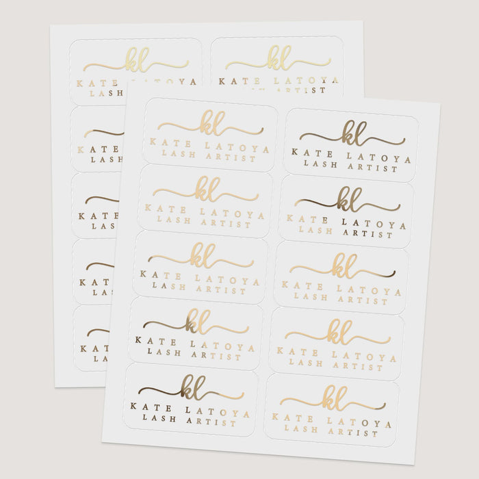 Sheets of 20 Custom personalized white matt rectangular business branding stickers with curly monograms and serif info text in gold foil print  - XOXOKristen
