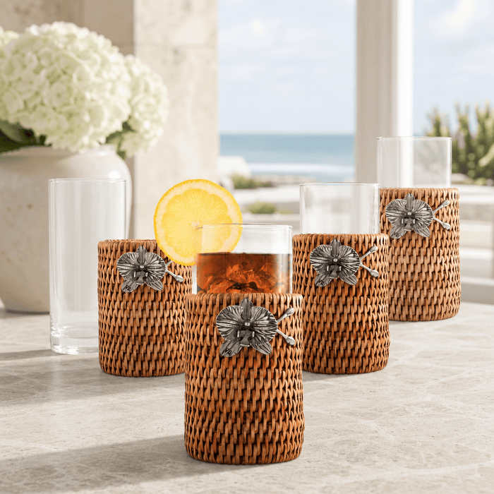 Orchid Drinking Glass Covered with Hand Woven Wicker Rattan - Set of 4 2