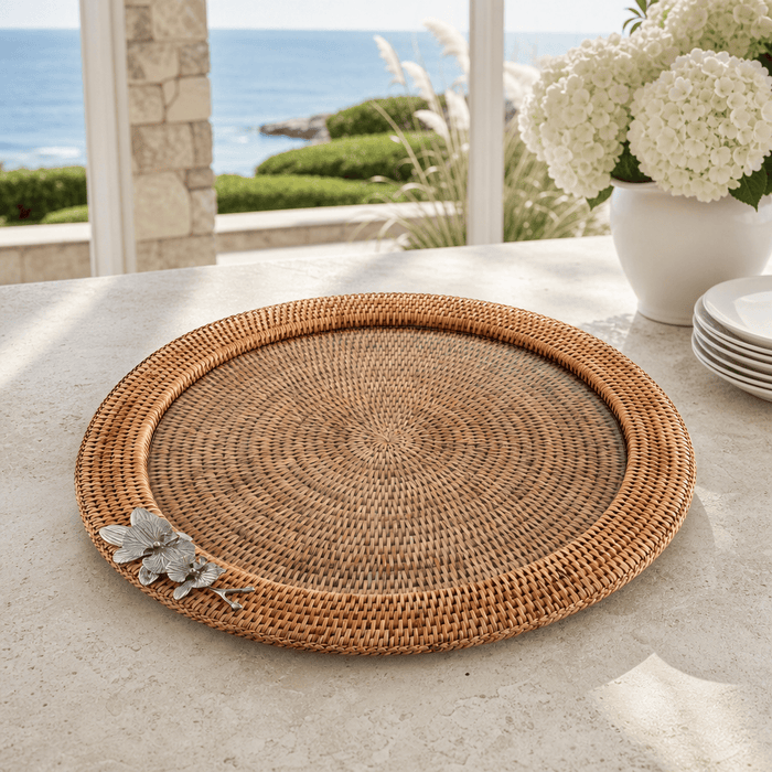 Orchid Round Serving Tray Hand Woven Wicker Rattan - Glass Insert 2