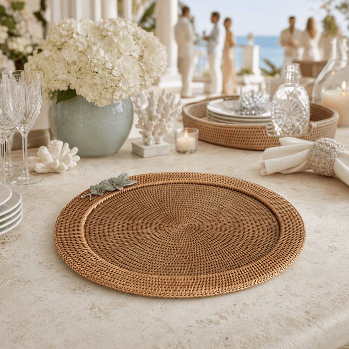 Orchid Round Serving Tray Hand Woven Wicker Rattan - Glass Insert 7